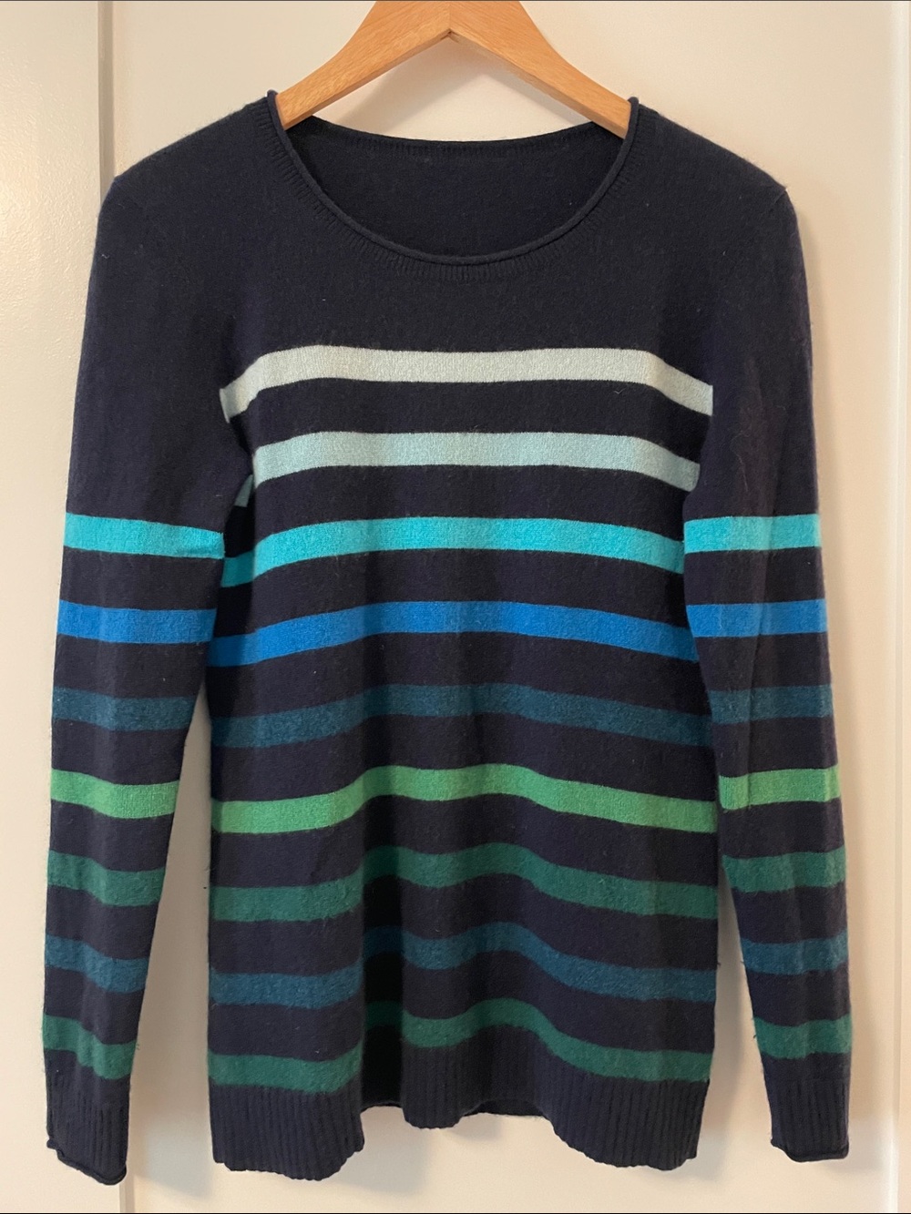 100% Cashmere Navy Stripe Crewneck Sweater with Blue, Teal and Green Stripes